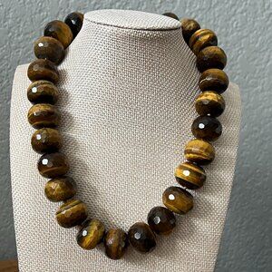 Tigers Eye Jasper Faceted Chunky Stone Statement Necklace by Amy Ming L: 18in